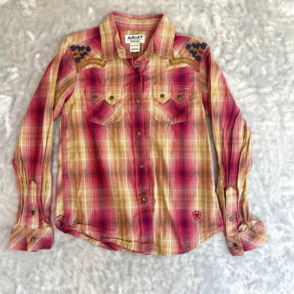 Ariat REAL Girls Shirt Sz M 10 Long Sleeve Snap Button Embroidered Cowgirl - Picture 4 of 10